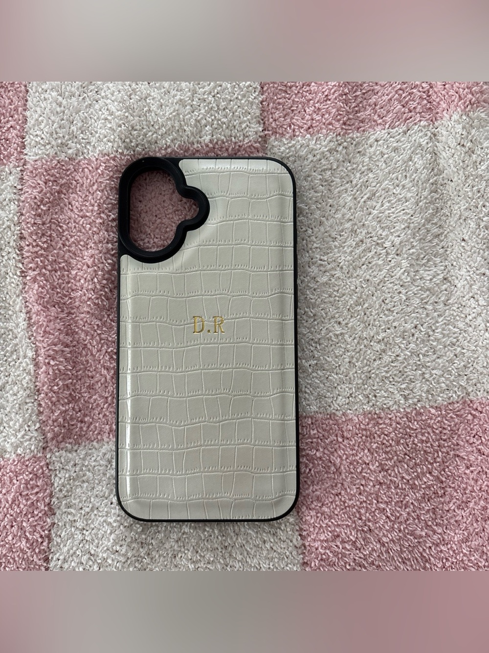 White Croc-Texture Phone Case with Gold Initials - Compatible Cell Accessory